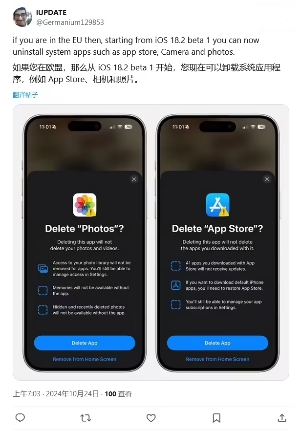 中宁苹果手机维修分享iOS 18.2 支持删除 App Store 应用商店 