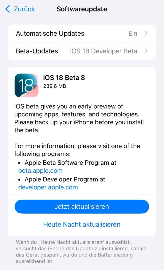 中宁苹果手机维修分享苹果 iOS / iPadOS 18 开发者预览版 Beta 8 发布 